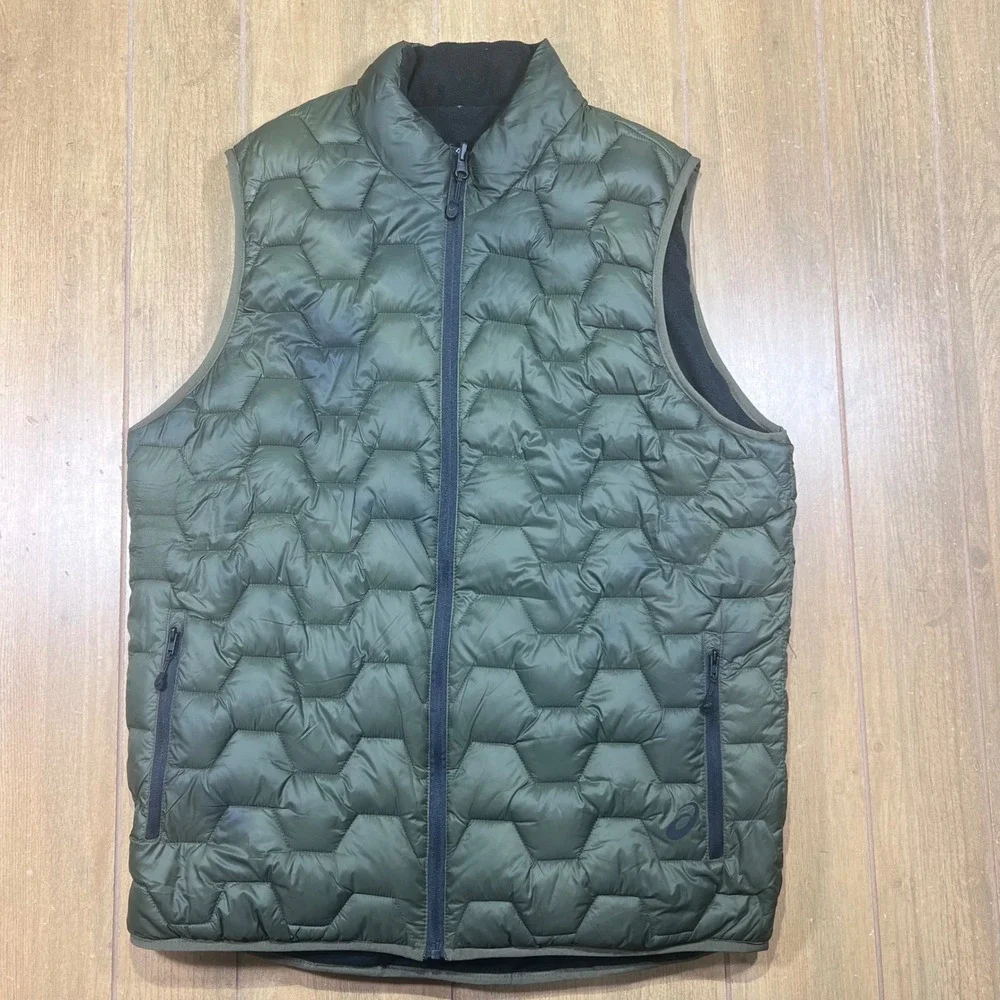 Asics Reversible Puffer Fleece Vest Mens Black Olive Green Full Zip Quilted XL